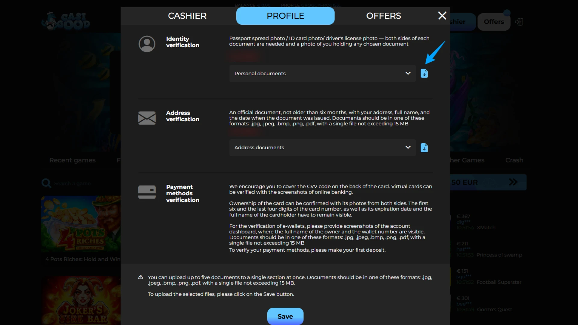 Upload your identity document for Casigood Verification and start playing.