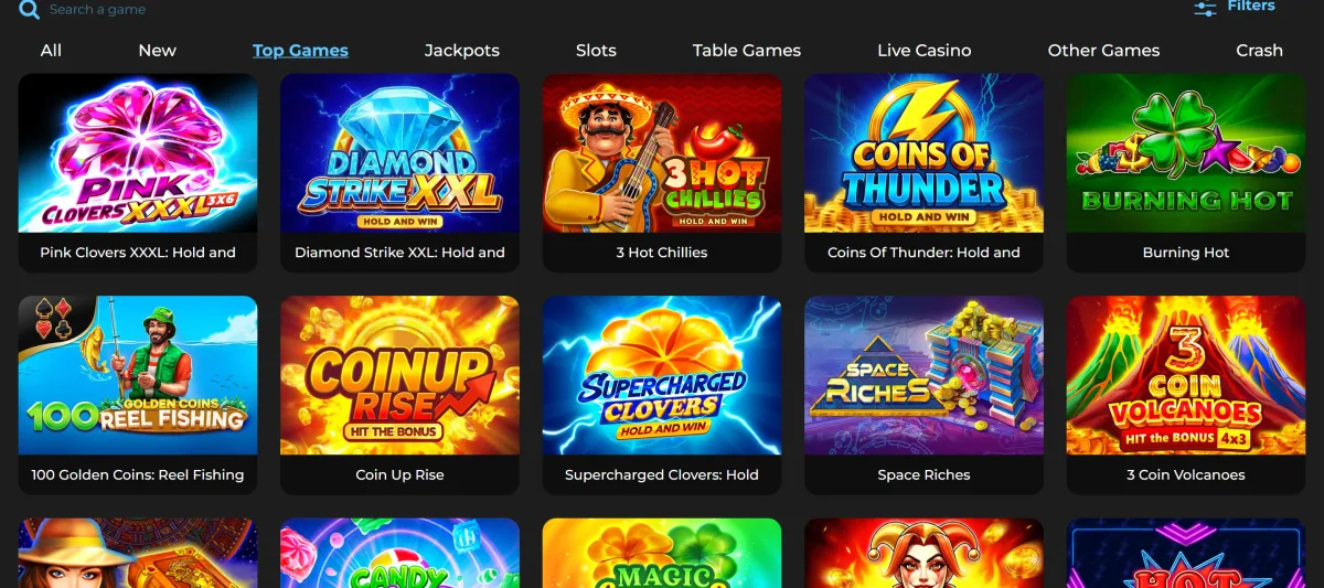 Casigood games lobby with category tabs, search and top slots