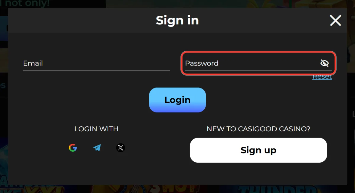 Password field of the Sign in form with the Reset link below
