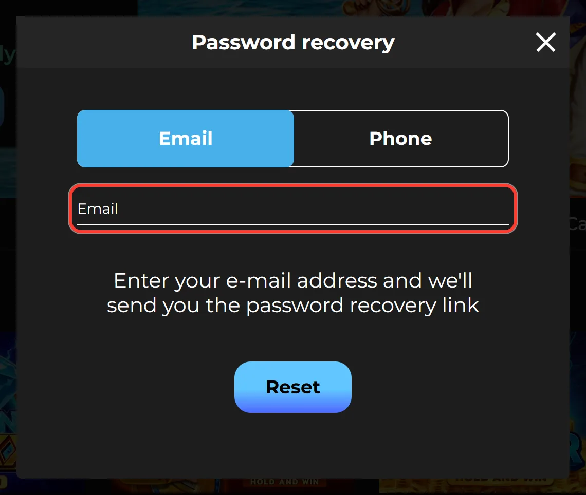 Password recovery window with Email and Phone tabs and the email field