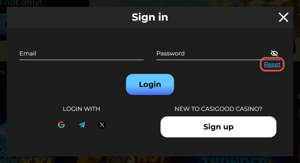 Reset link under the password field for a forgotten password