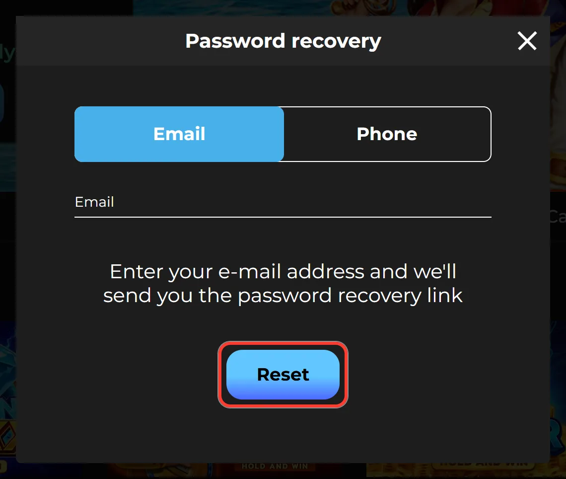 Reset button that sends the Casigood password recovery link