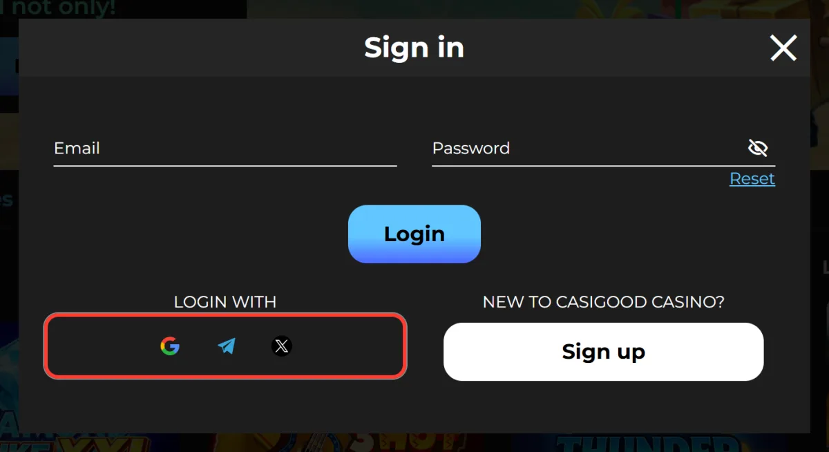 Login with Google, Telegram or X buttons in the Sign in window