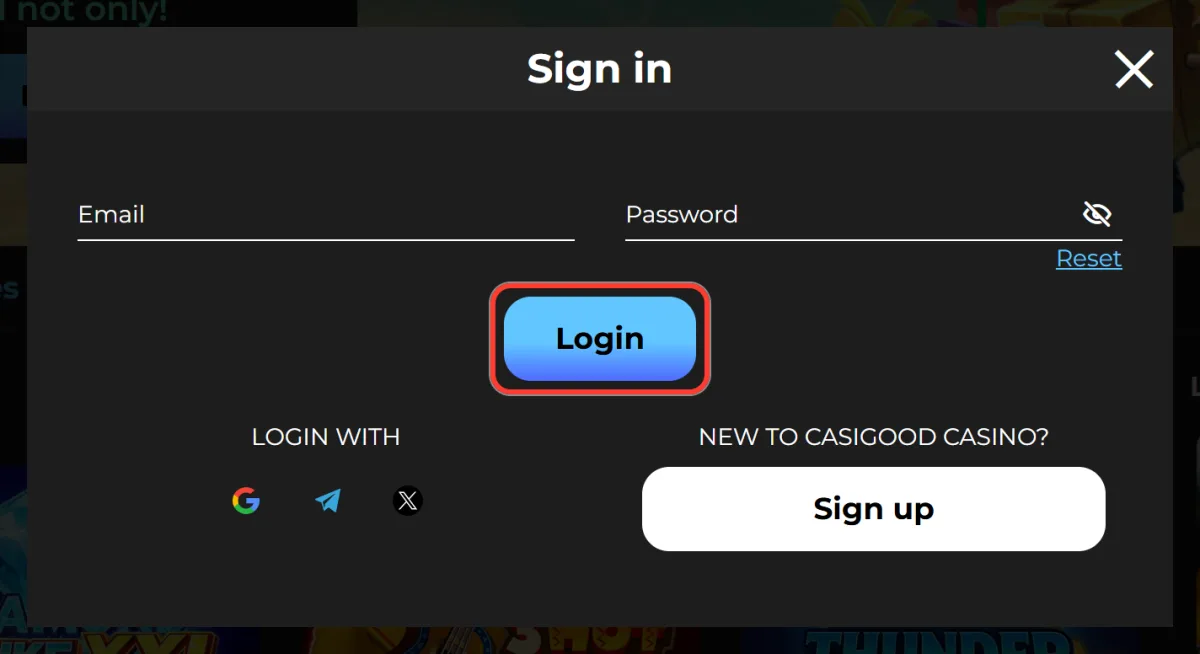 Login button that opens your Casigood account