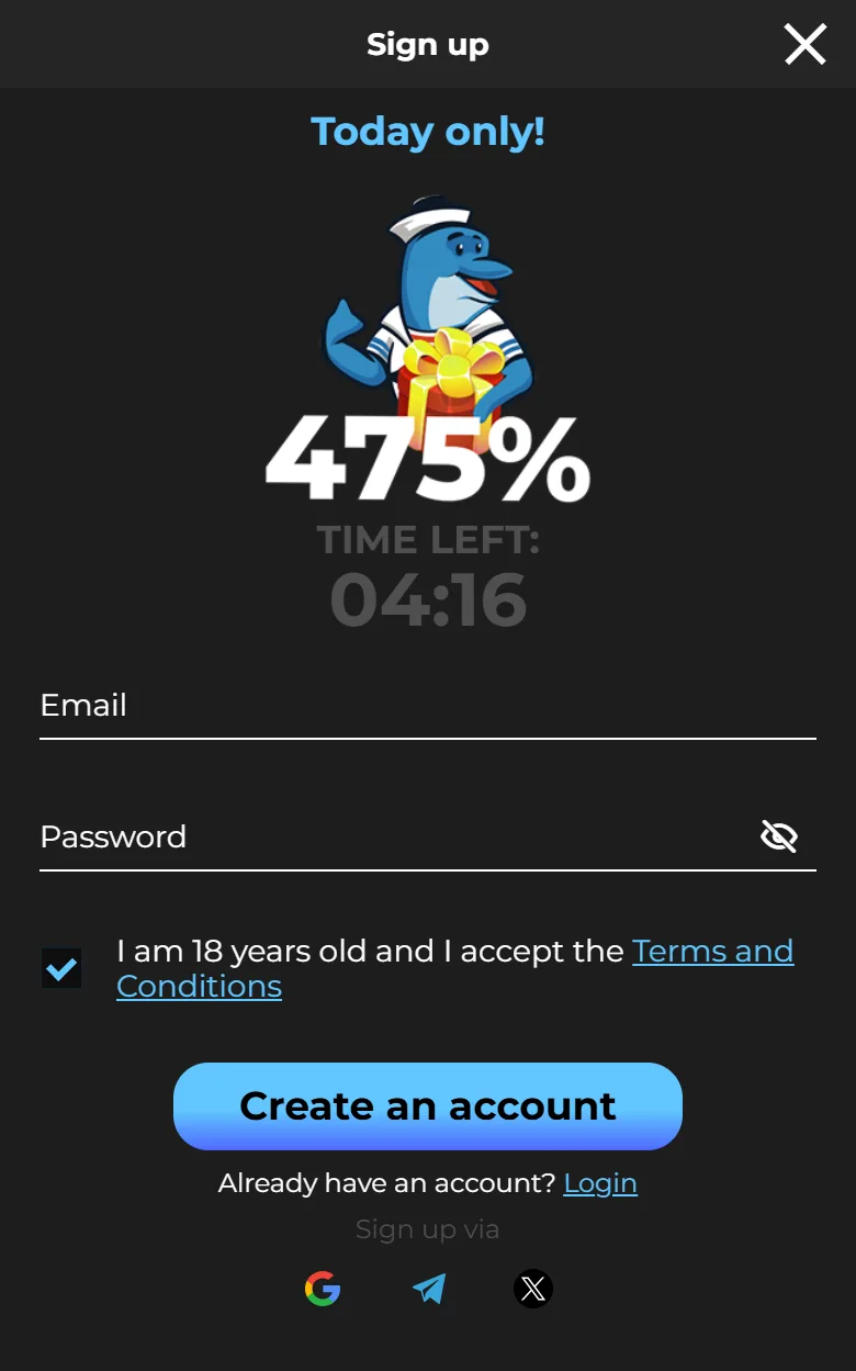 Sign up form of the Casigood mobile version with the 475% offer