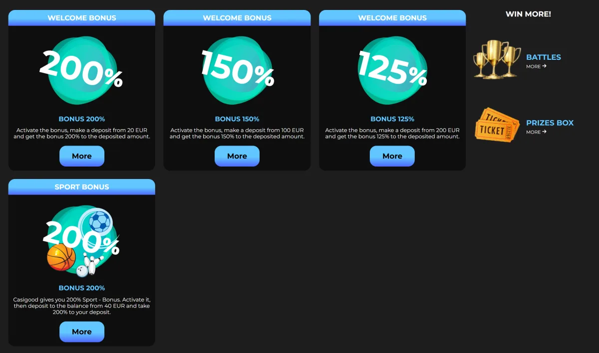Casigood Promo page with 200%, 150% and 125% welcome bonuses and the 200% sport bonus